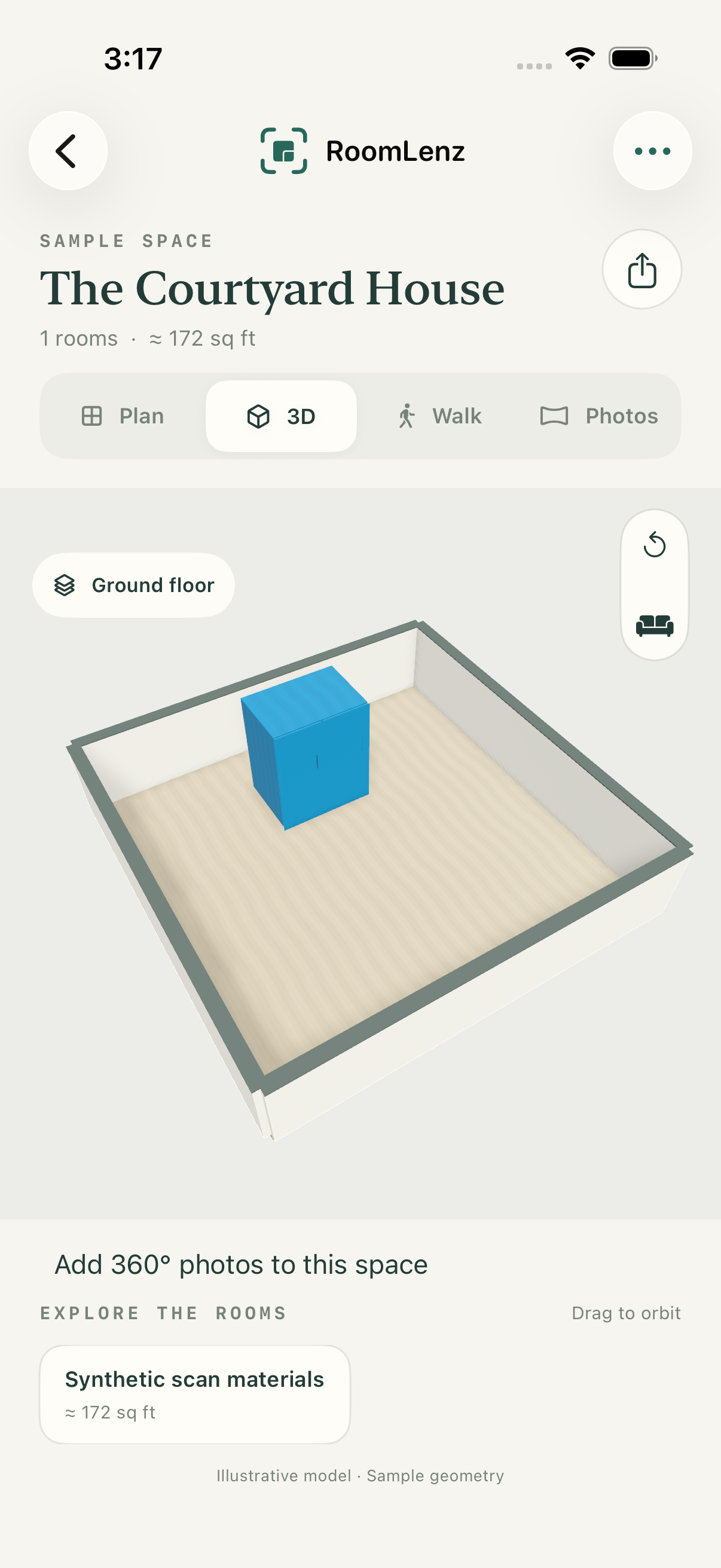 RoomLenz app showing an illustrative 3D room model